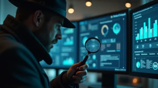 Illustration symbolique d'un détective avec une loupe scrutant un graphique et des profils de clients sur un ordinateur, représentant l'analyse de marché gratuite