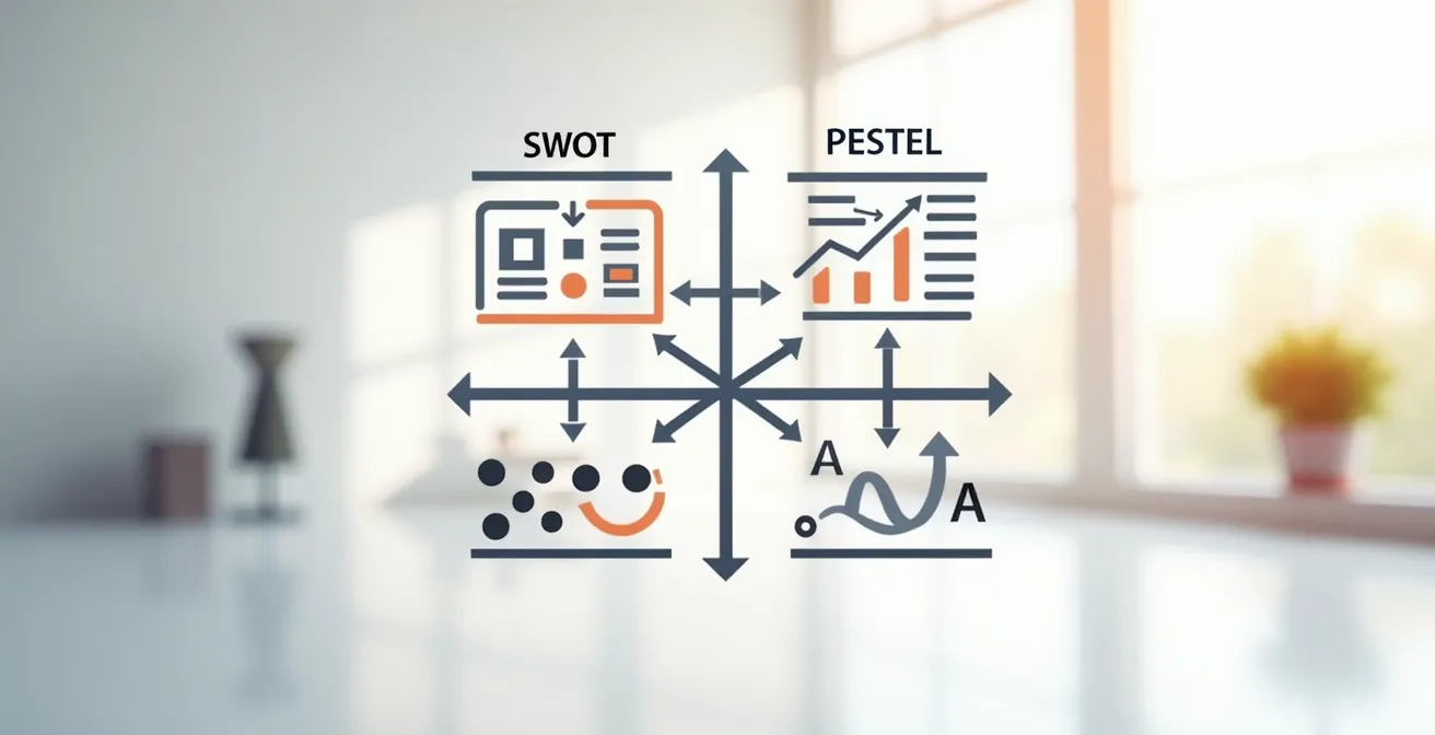Illustration schématique montrant l'intégration dynamique des matrices SWOT et PESTEL pour une analyse stratégique complète.
