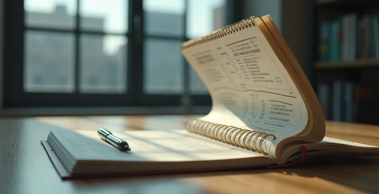 Illustration symbolique d'un business plan comme miroir réfléchissant les forces et faiblesses d'un projet entrepreneurial