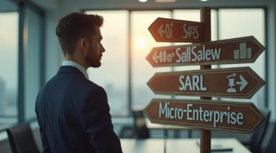 Entrepreneur réfléchissant devant un tableau avec différents statuts juridiques et leurs implications financières