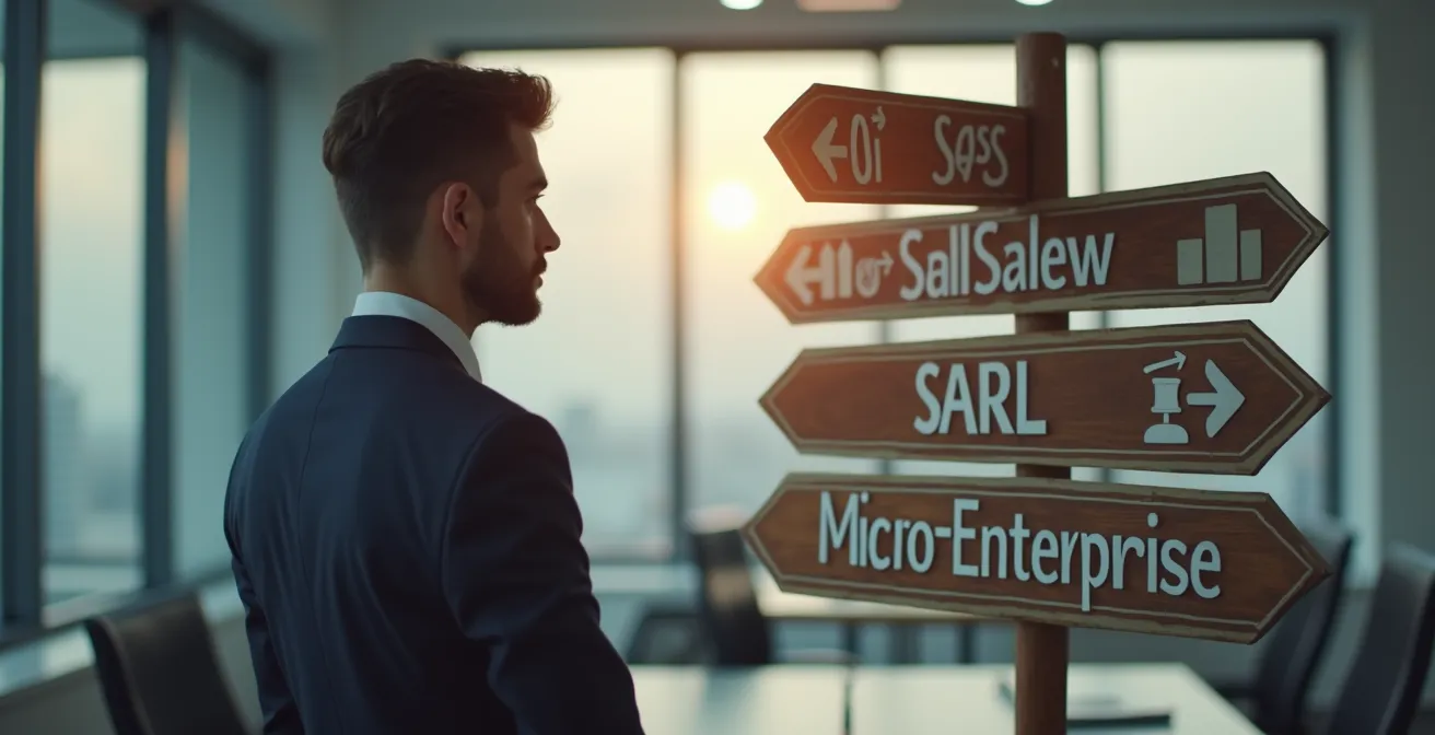 Entrepreneur réfléchissant devant un tableau avec différents statuts juridiques et leurs implications financières