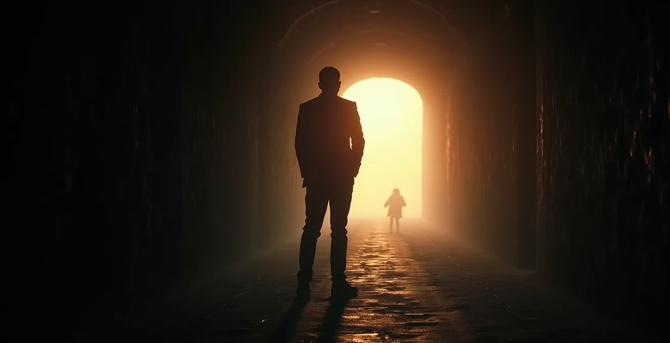 Illustration symbolique d'un tunnel sombre avec un entrepreneur regardant à travers une ouverture étroite, manquant des opportunités lumineuses à l'extérieur