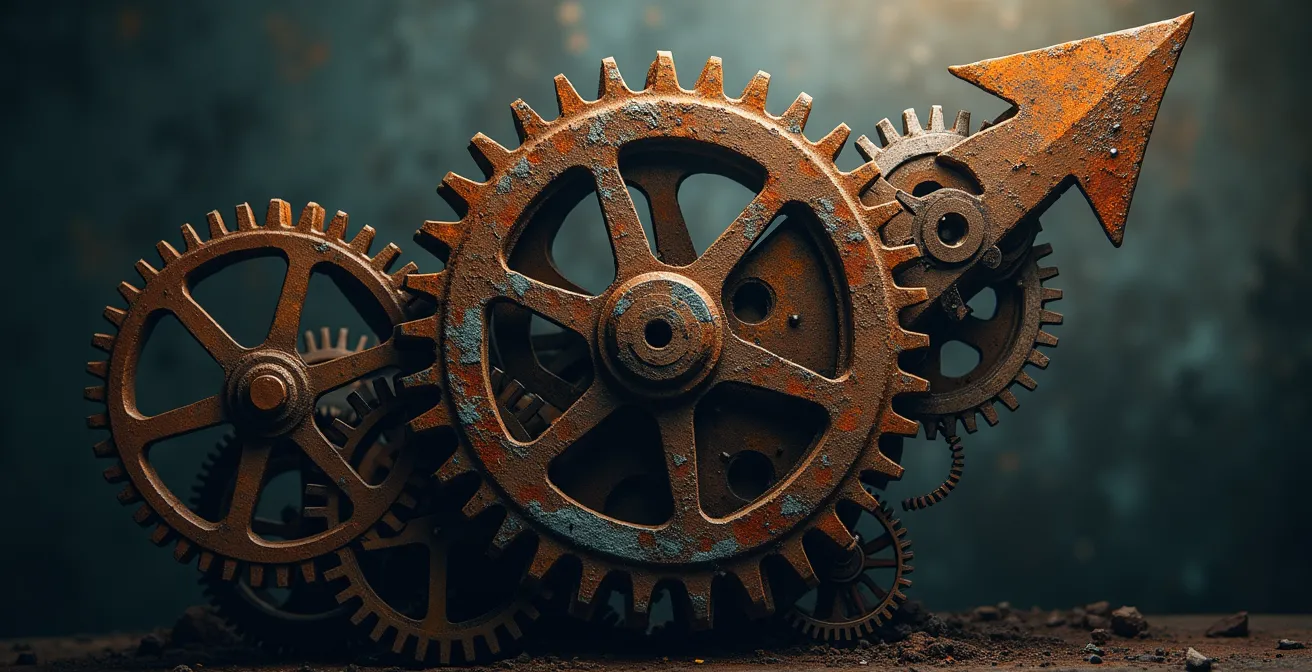 Représentation visuelle d'une usine à gaz symbolique avec des engrenages et des logiciels mal intégrés freinant une flèche ascendante de croissance