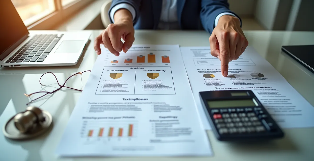 Entrepreneur solo analysant différentes options de statuts juridiques avec balance protection-optimisation