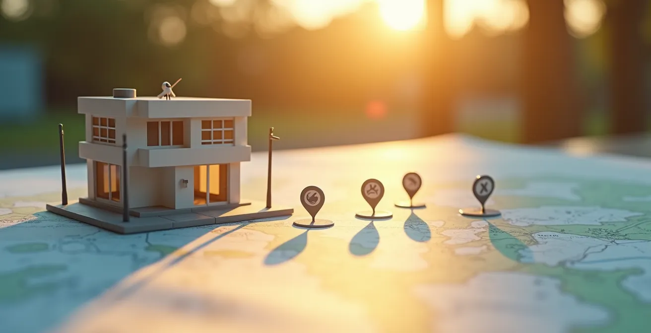 Visuel montrant une entreprise symbolique posée sur une carte stratégique