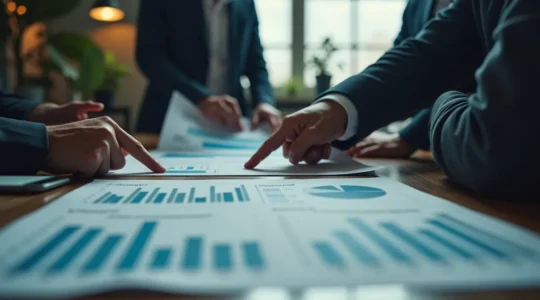 Illustration symbolique montrant un plan d'attaque stratégique sur un tableau avec graphiques et données de marché