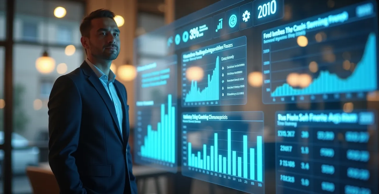 Illustration symbolique montrant un entrepreneur devant un grand tableau financier avec compte de résultat, plan de trésorerie et plan de financement, intégrant des éléments d'optimisme, prudence, et gestion pragmatique.