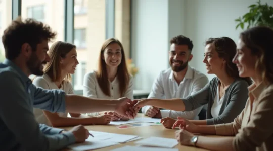 Illustration symbolique montrant un entrepreneur évaluant un produit devant un client souriant avec de l'argent en main