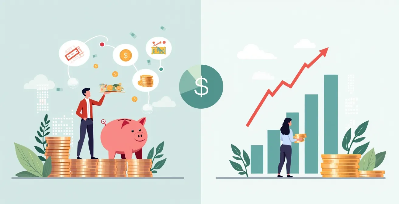 Comparaison visuelle entre l'IS et l'IR avec des symboles de trésorerie d'entreprise et d'optimisation fiscale