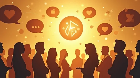 Représentation conceptuelle d'une marque qui se construit par les conversations et la réputation, avec des silhouettes humaines en discussion