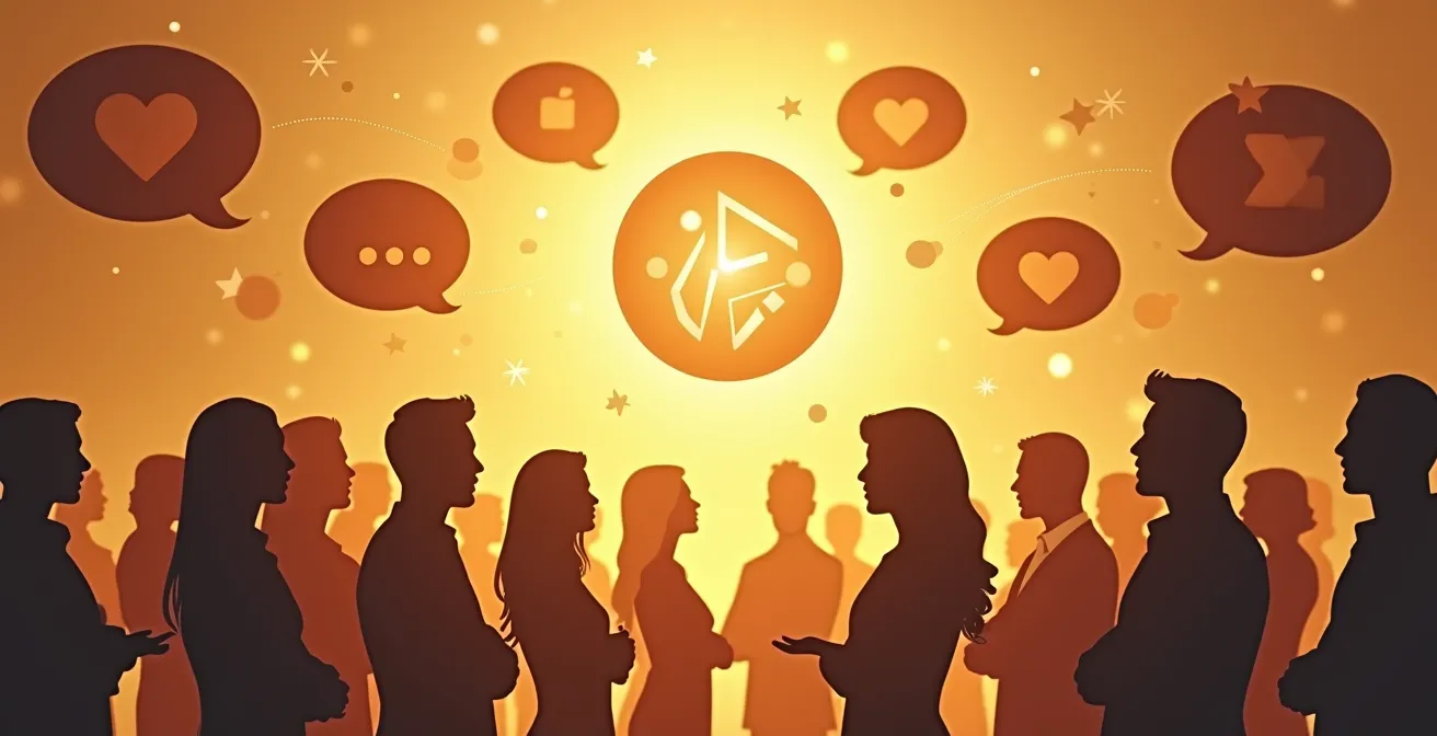 Représentation conceptuelle d'une marque qui se construit par les conversations et la réputation, avec des silhouettes humaines en discussion