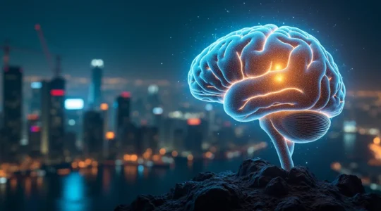 Un cerveau humain stylisé représenté comme un circuit électrique brillant, intégré dans une structure d'empire en construction, symbolisant la puissance mentale comme fondement du leadership entrepreneurial.