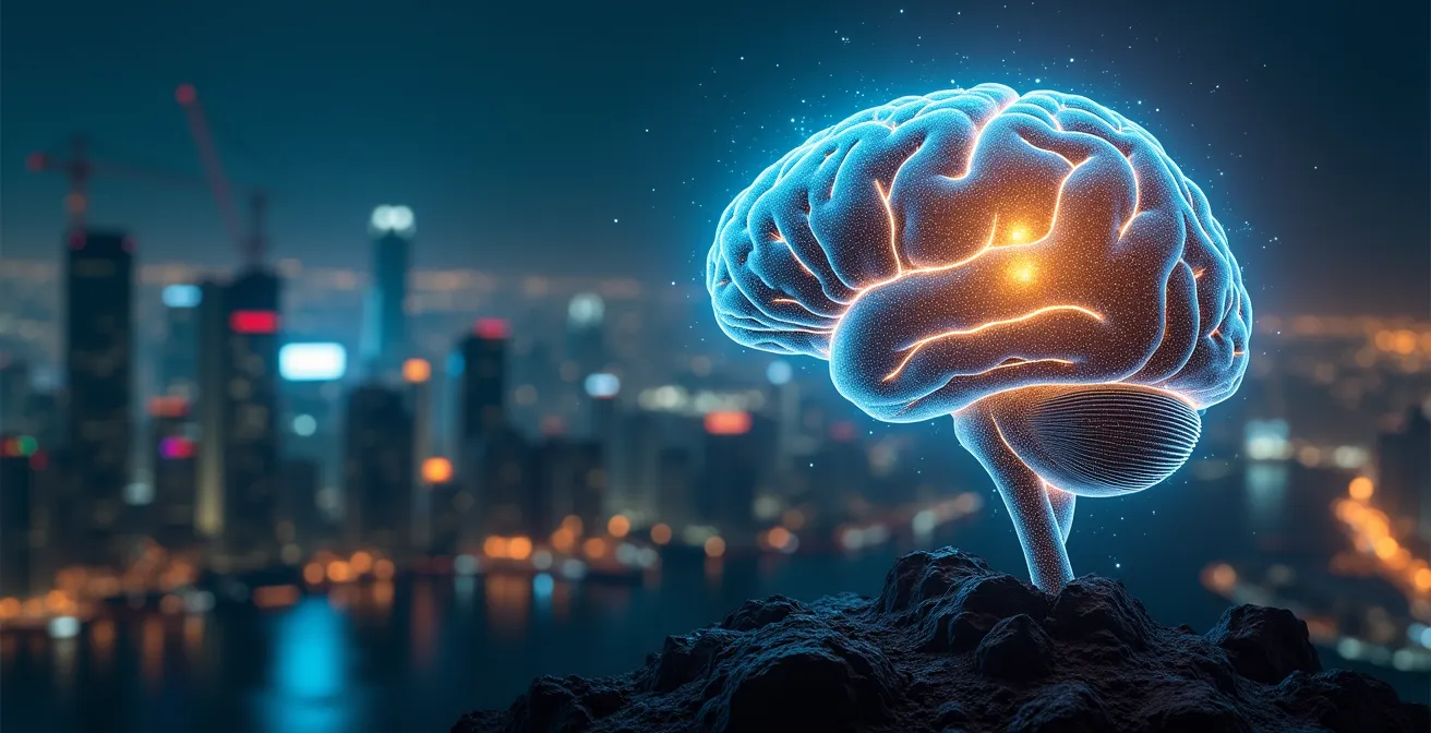 Un cerveau humain stylisé représenté comme un circuit électrique brillant, intégré dans une structure d'empire en construction, symbolisant la puissance mentale comme fondement du leadership entrepreneurial.