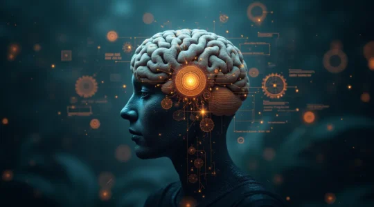 Illustration symbolique d'un cerveau humain avec des engrenages et des schémas de frameworks mentaux, représentant la science décisionnelle des leaders.