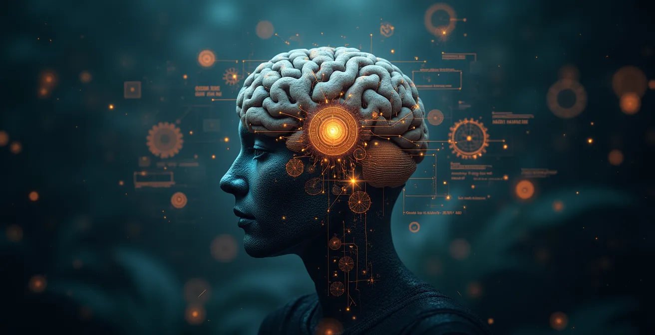Illustration symbolique d'un cerveau humain avec des engrenages et des schémas de frameworks mentaux, représentant la science décisionnelle des leaders.