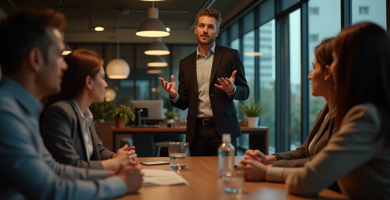 Visualisation symbolique d'un storytelling structuré pour un business plan convaincant, montrant un entrepreneur racontant une histoire captivante à des investisseurs.