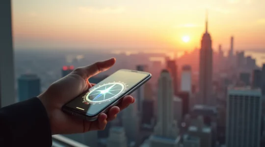 Illustration symbolique d'une boussole moderne intégrée dans un écran digital, guidant un entrepreneur dans un paysage urbain futuriste abstrait