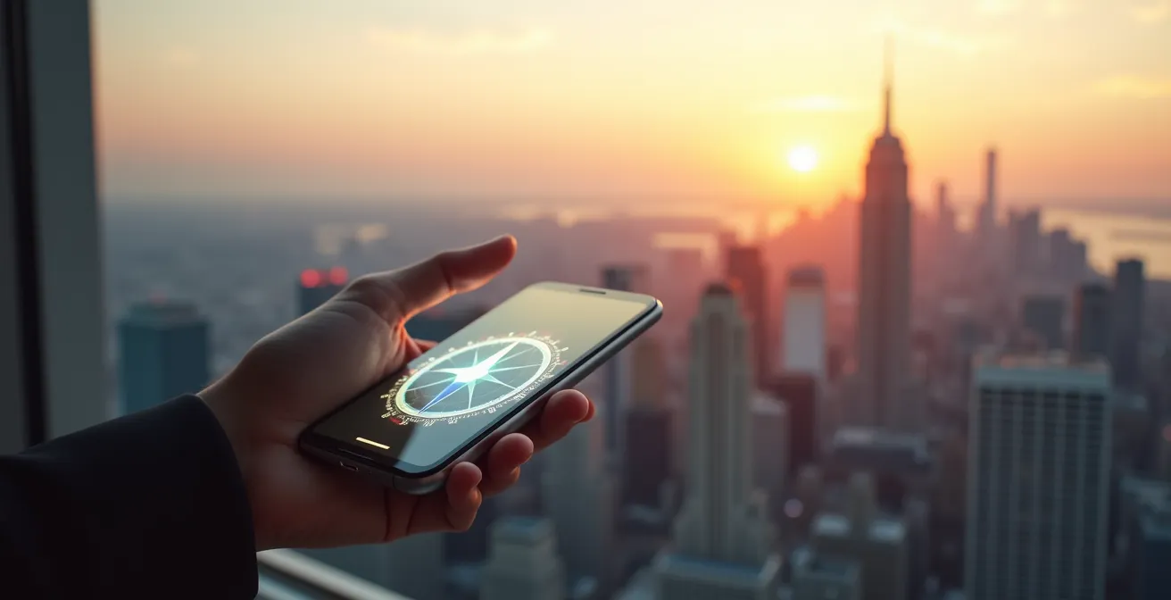 Illustration symbolique d'une boussole moderne intégrée dans un écran digital, guidant un entrepreneur dans un paysage urbain futuriste abstrait