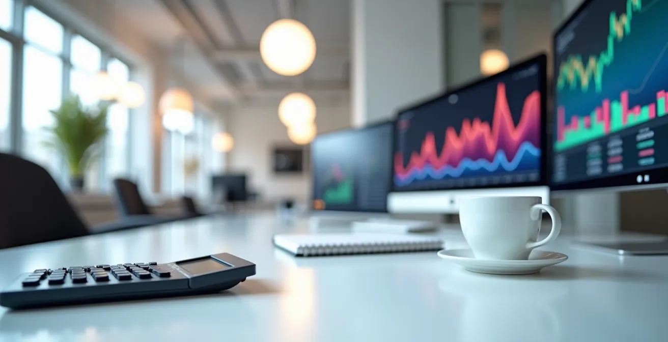 Vue large d'un bureau moderne avec graphiques financiers flous sur écrans en arrière-plan