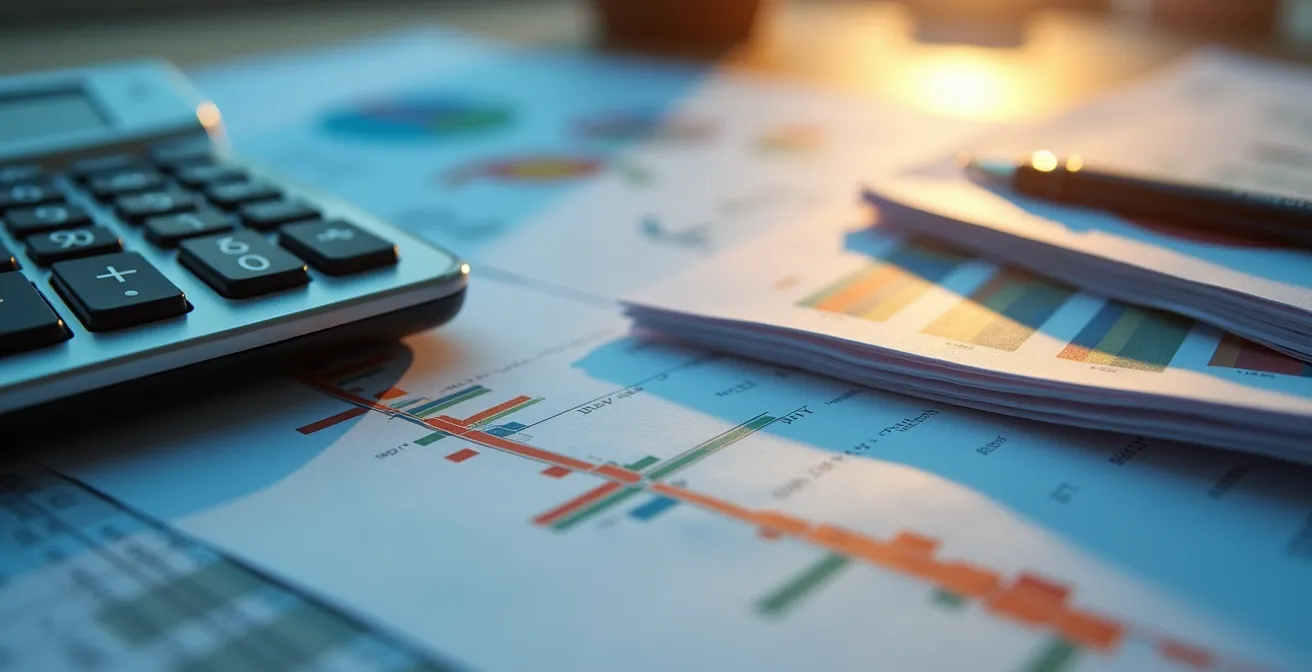Vue macro de documents financiers avec graphiques et calculatrice pour business plan