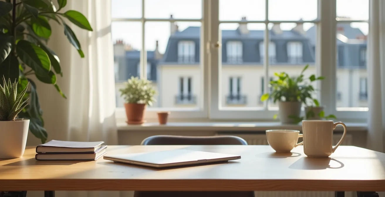 Espace de travail minimaliste avec ordinateur portable fermé et carnets de notes organisés