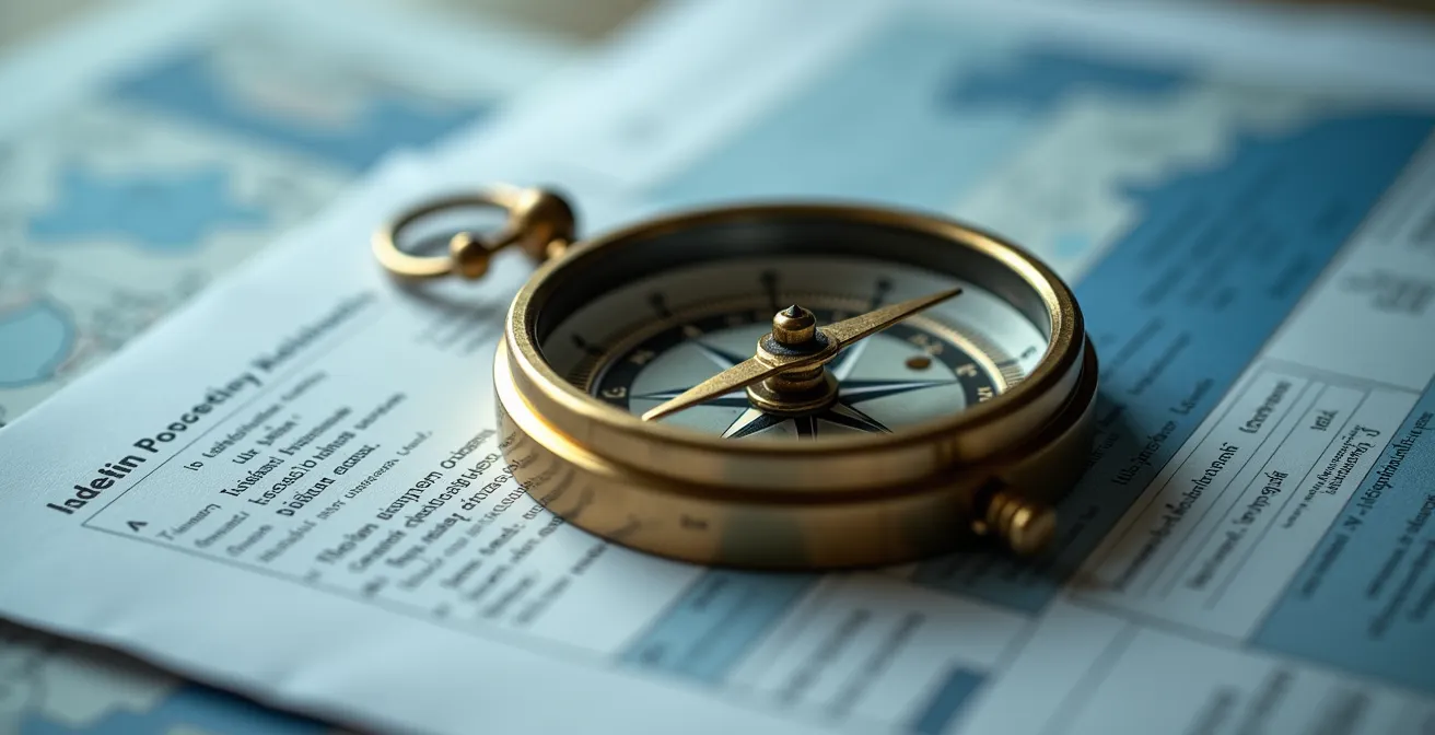 Vue macro d'une boussole ancienne posée sur des documents administratifs avec mise au point sélective