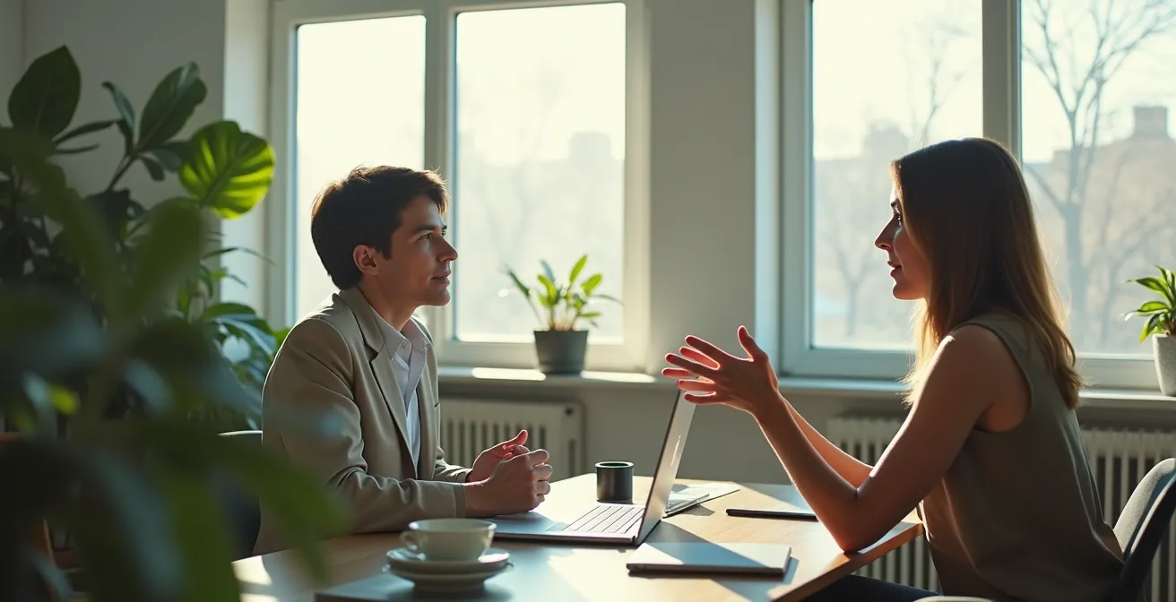 Scène de coaching entre un manager et son collaborateur utilisant la méthode GROW