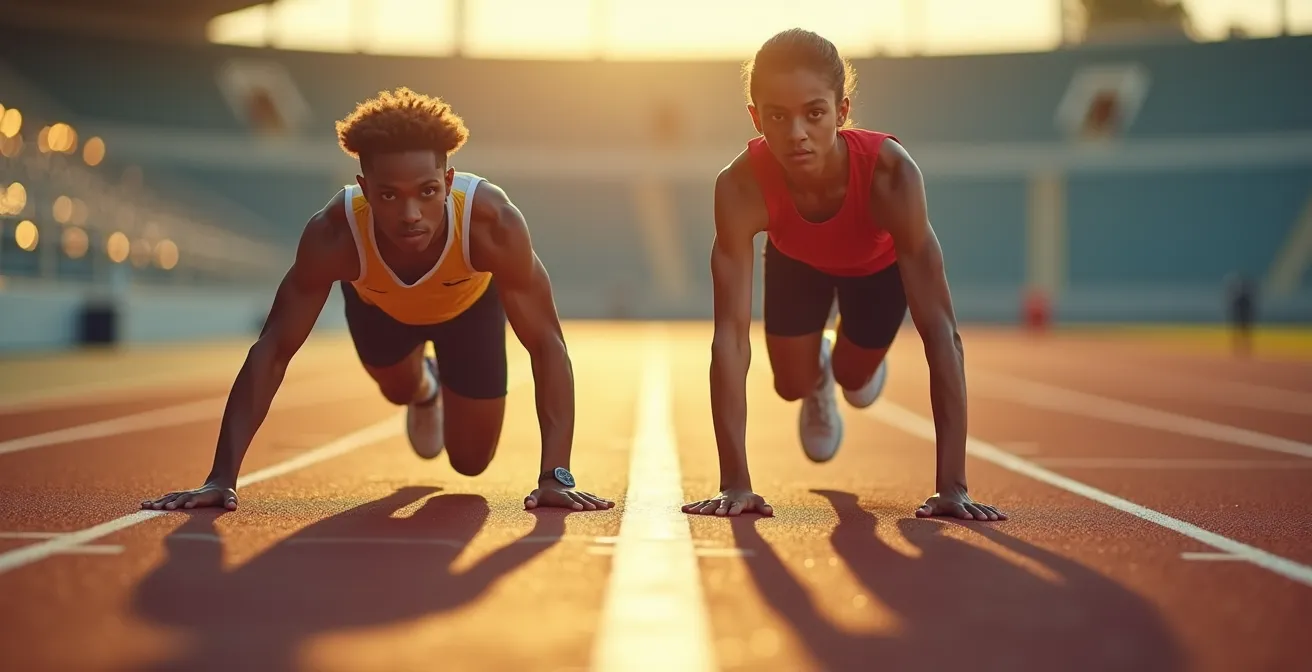 Comparaison visuelle entre un entrepreneur débutant et un concurrent expérimenté sur une piste de course