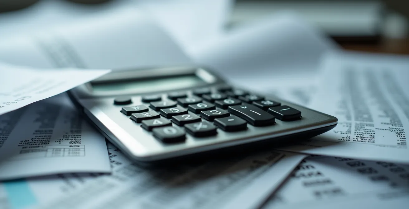 Gros plan sur une calculatrice et des factures éparpillées montrant la complexité des dépenses d'entreprise