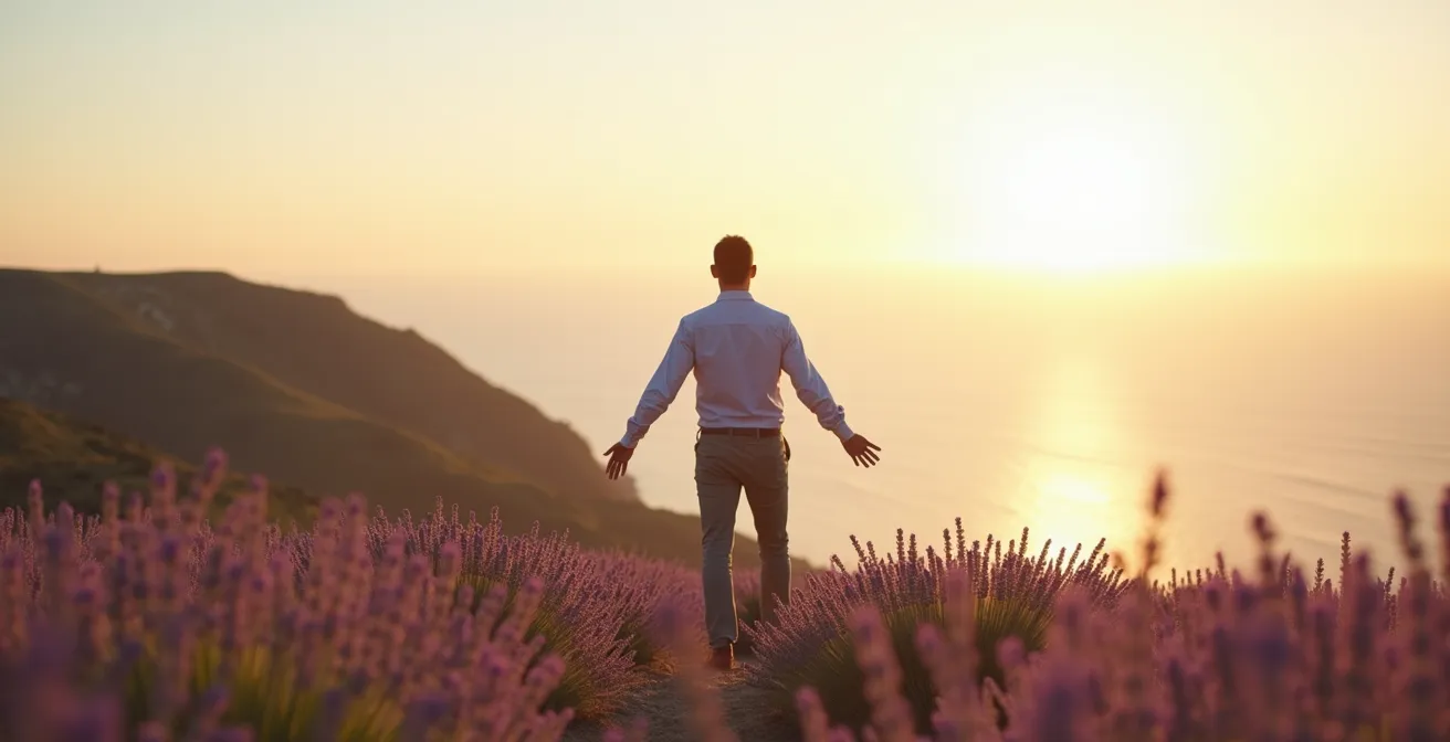 Entrepreneur en pause méditative dans un environnement naturel épuré