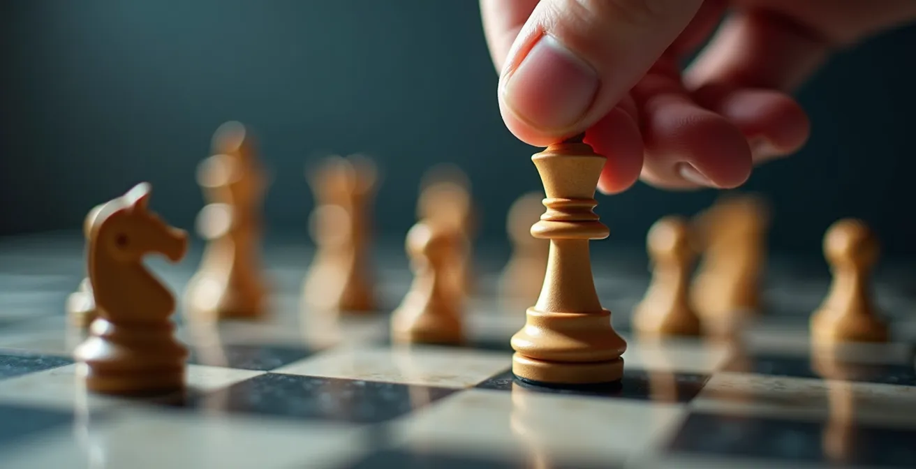 Un entrepreneur analysant différents terrains de jeu comme un stratège devant un échiquier multidimensionnel