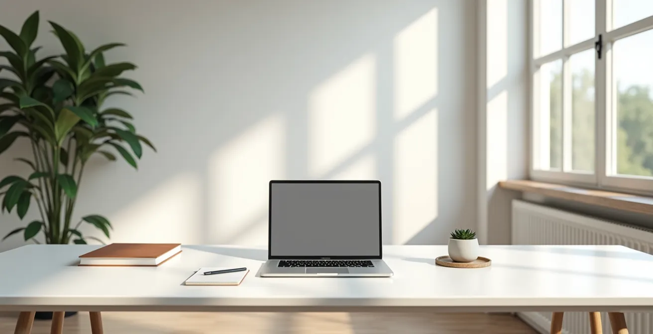 Bureau épuré avec vue large sur espace de travail moderne et lumineux