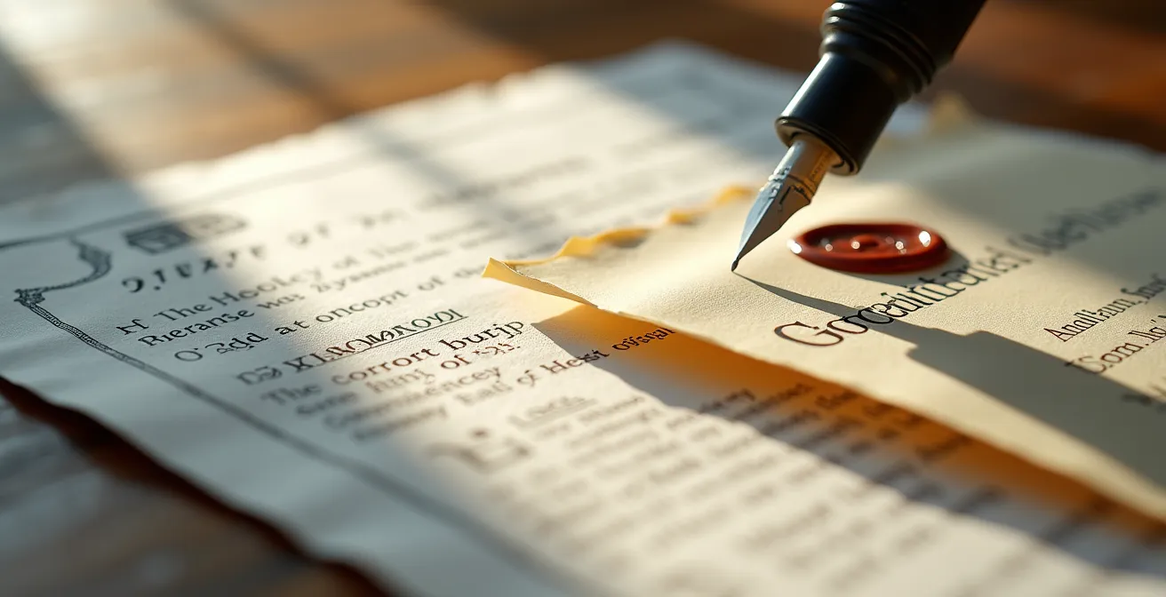 Vue macro de documents de garantie bancaire avec tampon et signature sur bureau en bois