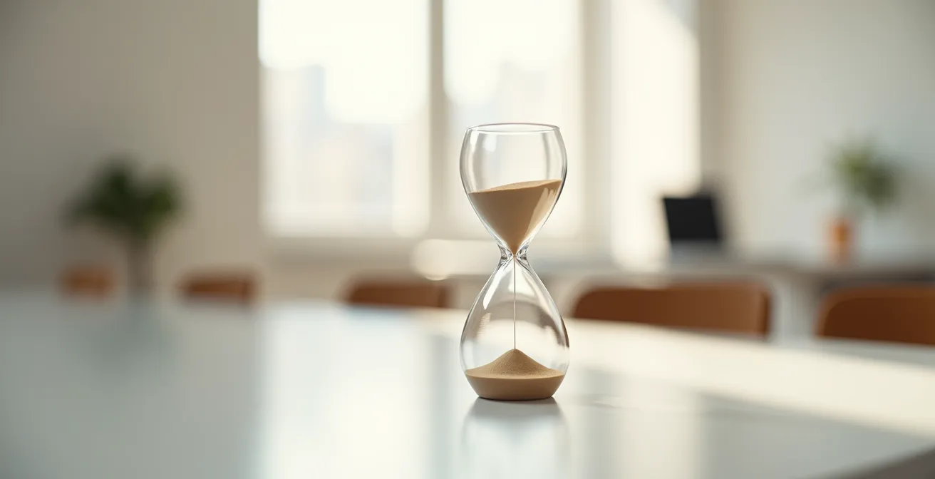 Sablier moderne en verre sur bureau avec calendrier flou en arrière-plan