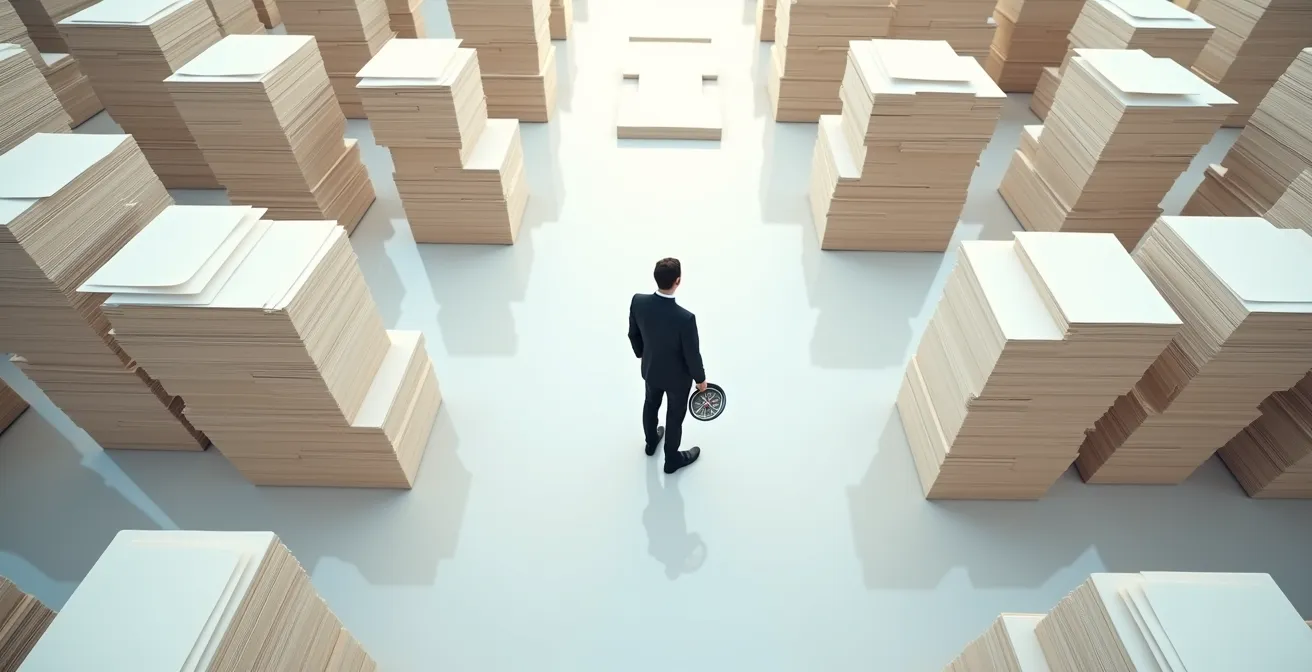 Un entrepreneur naviguant dans un labyrinthe de documents administratifs et de réglementations