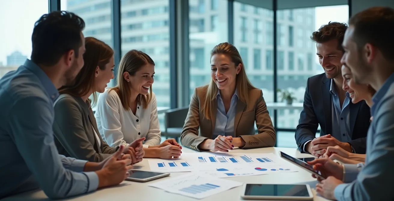 Réunion d'investisseurs et entrepreneurs autour d'une table de conférence moderne