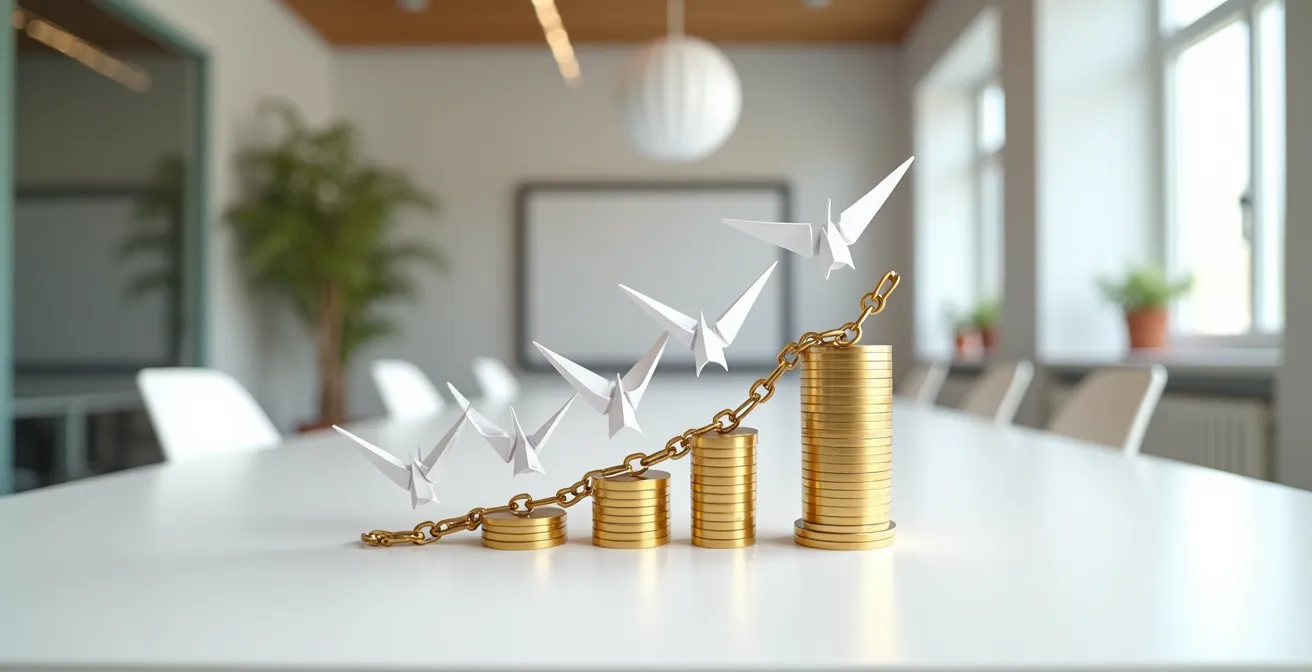 Représentation visuelle du parcours de financement initial d'une startup avec différentes options symbolisées