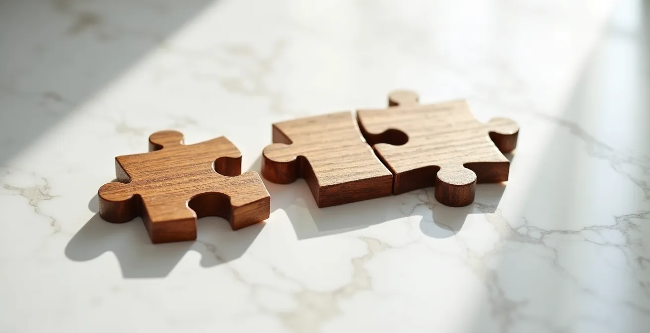Pièces de puzzle en bois se séparant sur une surface claire