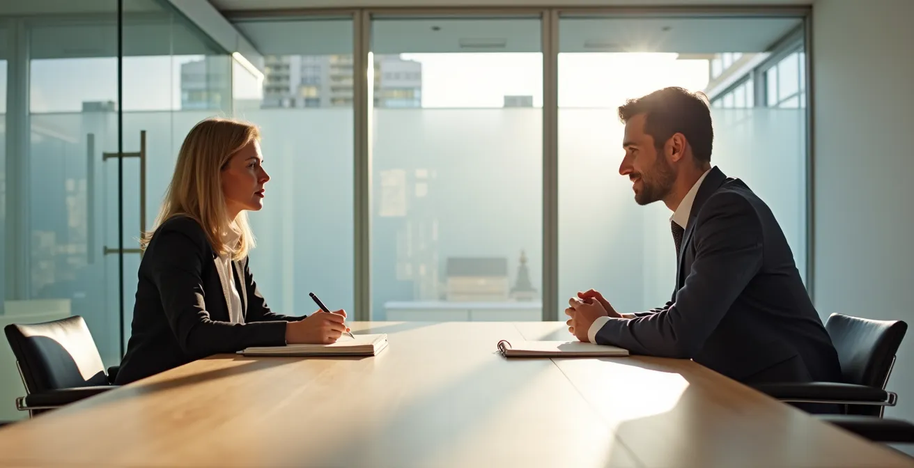 Manager et collaborateur en entretien professionnel dans un espace de réunion lumineux, échange constructif et documents sur table