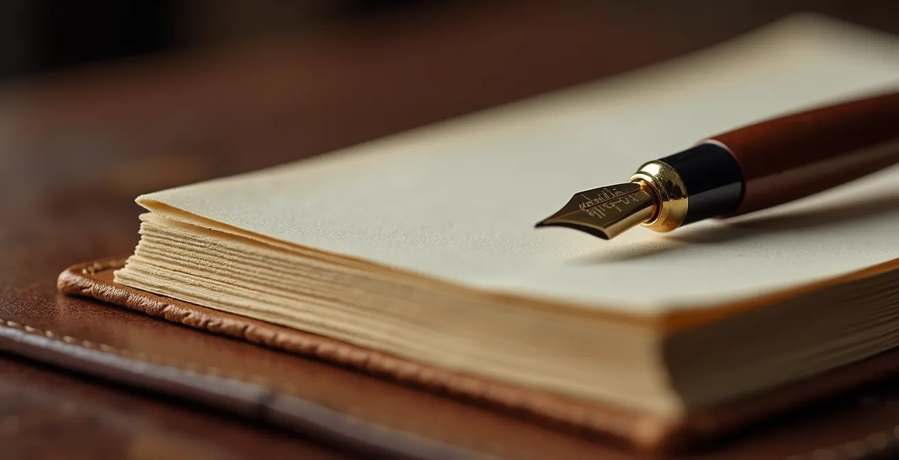 Registre de mouvements de titres ouvert sur un bureau avec stylo plume