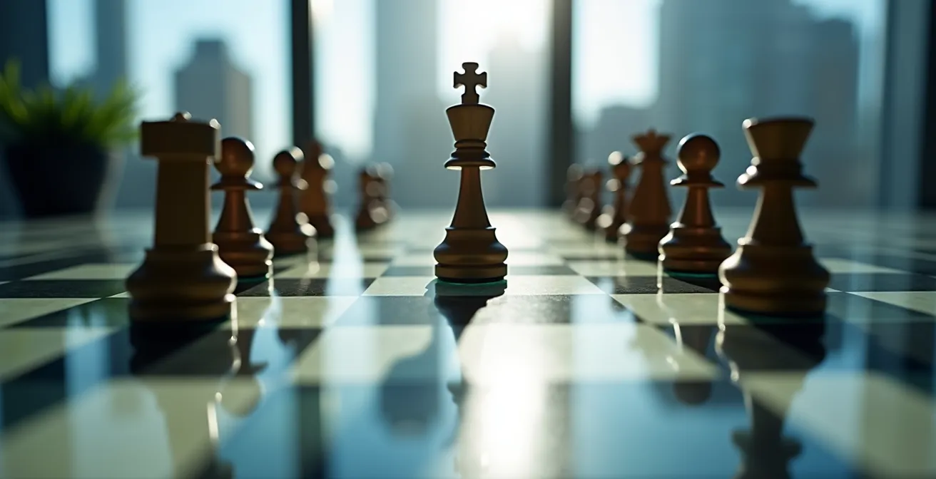 Vue aérienne minimaliste d'un environnement de travail avec éléments symbolisant les risques juridiques