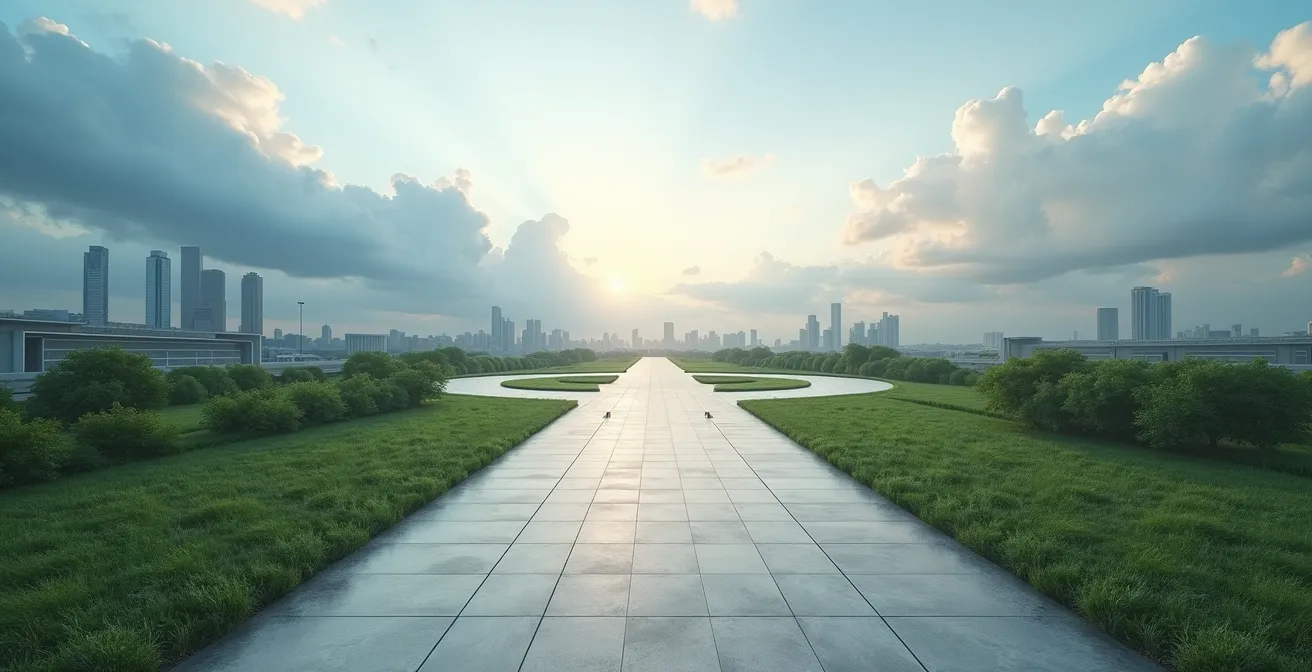 Trois chemins divergents dans un paysage d'affaires symbolisant différents scénarios stratégiques