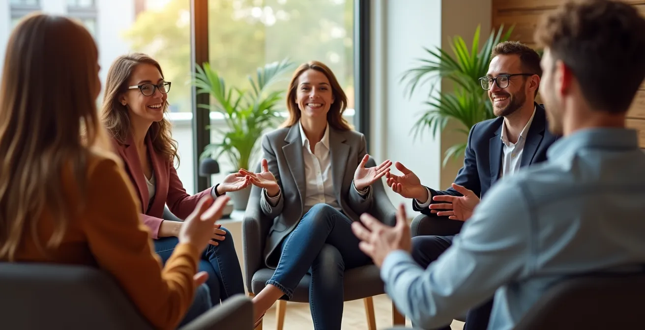 Équipe en cercle partageant des idées dans un environnement bienveillant