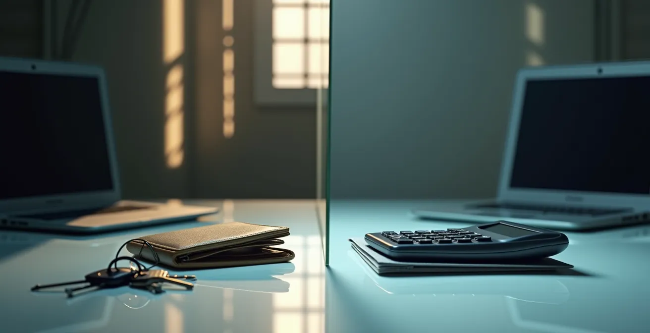 Métaphore visuelle de la séparation des patrimoines avec deux espaces distincts symbolisant les biens personnels et professionnels protégés par une barrière juridique.