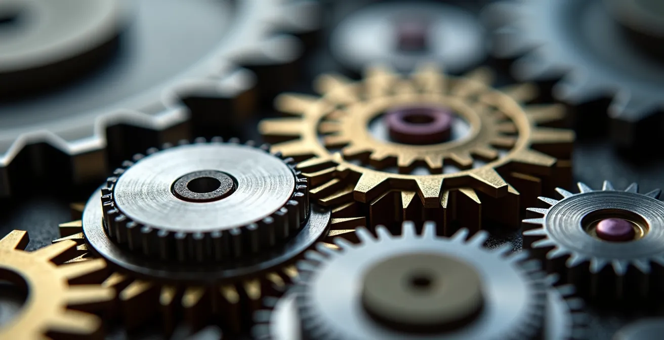 Système d'engrenages interconnectés symbolisant la construction d'un avantage concurrentiel durable
