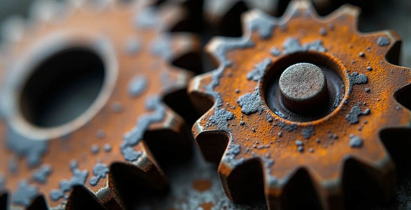 Visualisation macro d'indicateurs de déclin d'entreprise à travers des textures et détails métaphoriques