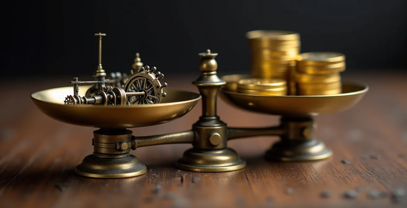 Expertise et évaluation d'un apport en nature avec une balance symbolique qui pèse des biens face à des pièces d'or.