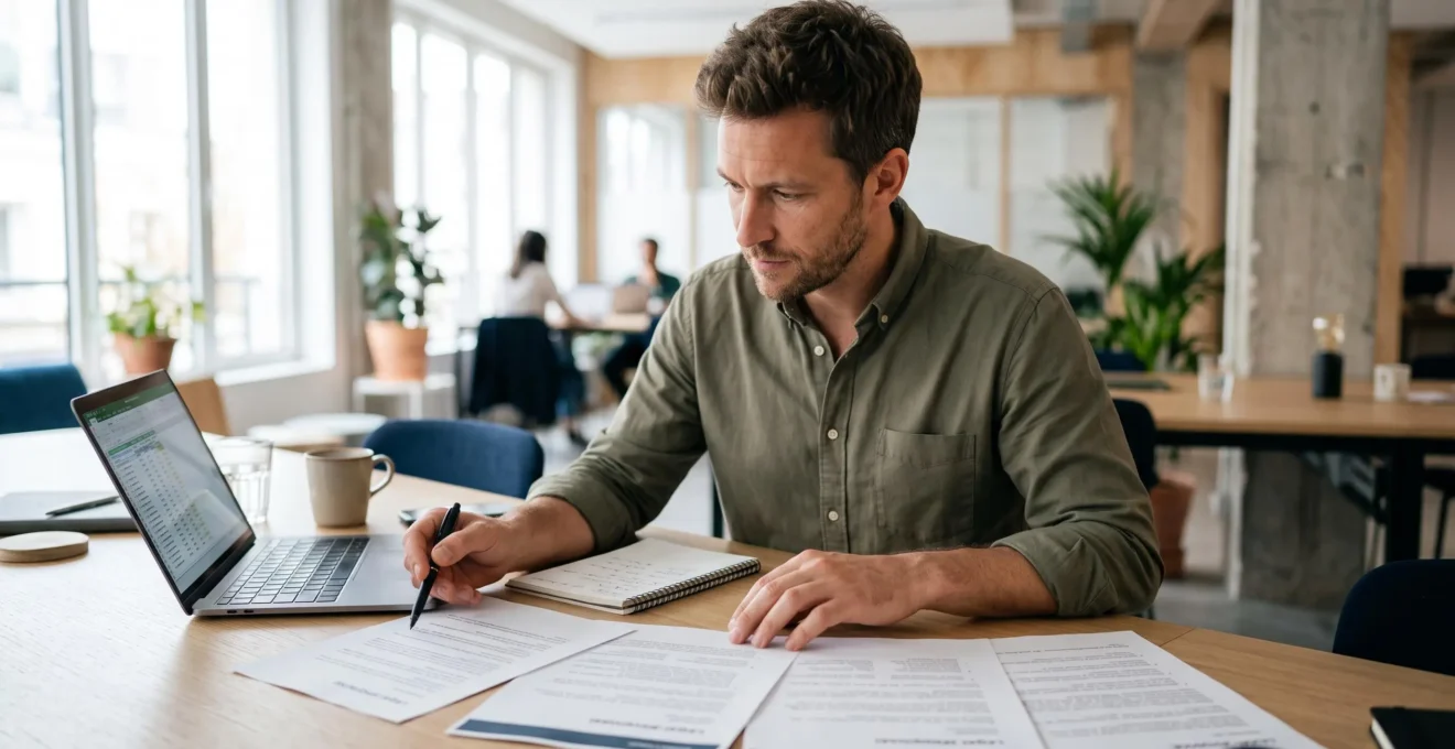 Un entrepreneur assis à un bureau compare plusieurs devis imprimés de prestataires juridiques côte à côte, un stylo à la main.