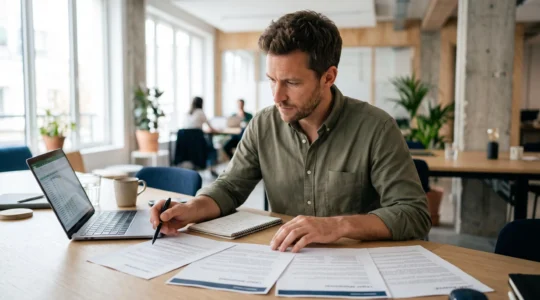Un entrepreneur assis à un bureau compare plusieurs devis imprimés de prestataires juridiques côte à côte, un stylo à la main.