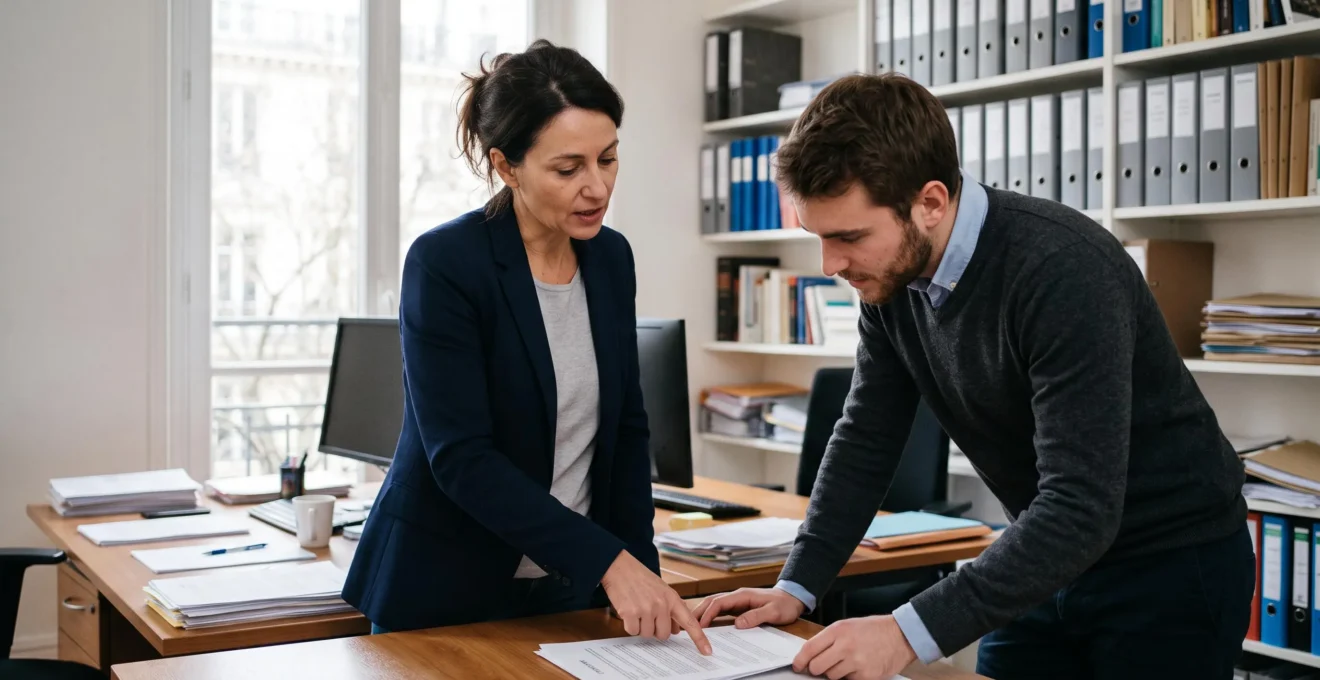 Une juriste debout explique une clause d'un contrat imprimé à un entrepreneur penché sur le document dans un bureau de conseil juridique.